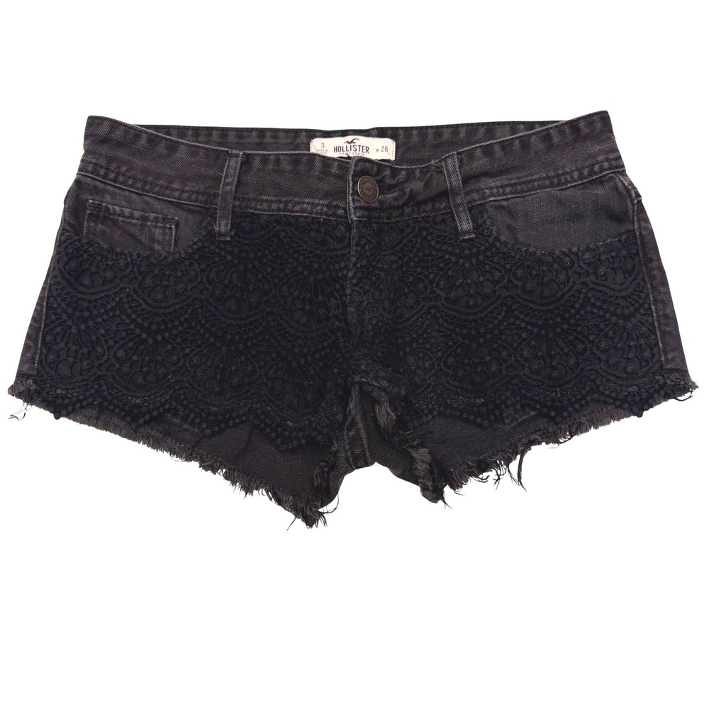 Hollister Black Denim Lace Overlay Cut Off Micro Shorts Low Rise Size 3 W26 Boho